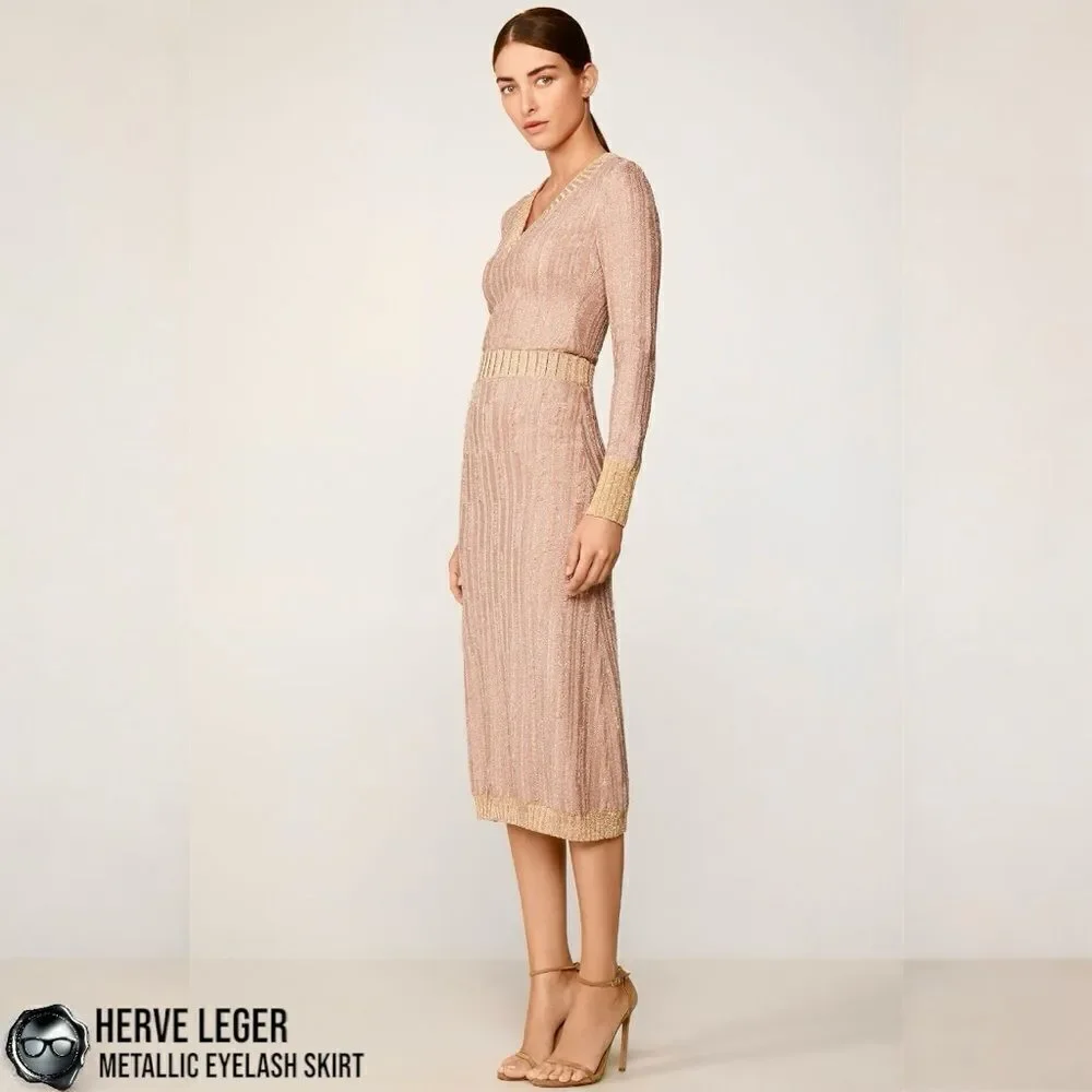 HERVÉ LÉGER METALLIC LUREX EYELASH MIDI PENCIL SKIRT IN ROSE BLUSH & GOLD SMALL